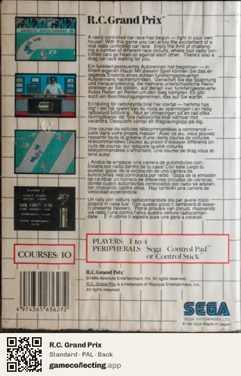 R.C. Grand Prix Sega Master System, PAL box back