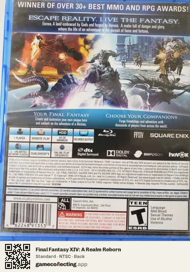 Final Fantasy XIV: A Realm Reborn PlayStation 4, NTSC box back