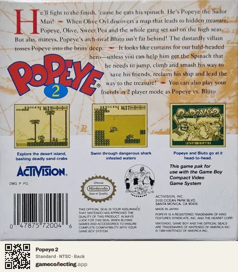 Popeye 2 Game Boy, NTSC box back