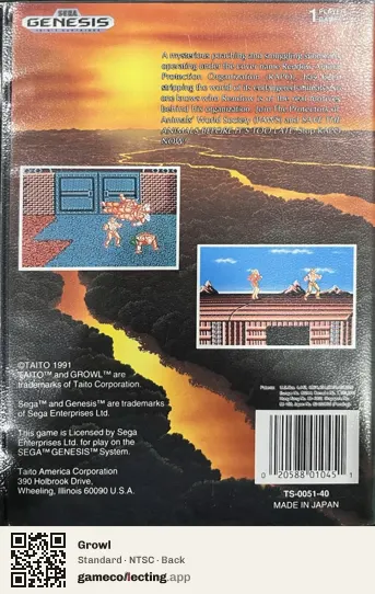 Growl Sega Mega Drive / Genesis, NTSC box back