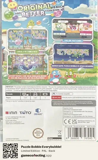 Puzzle Bobble Everybubble! Nintendo Switch, PAL box back
