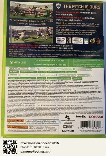 Pro Evolution Soccer 2015 Xbox 360, NTSC box back
