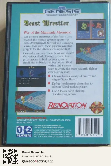 Beast Wrestler Sega Mega Drive / Genesis, NTSC box back
