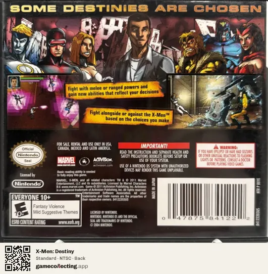 X-Men: Destiny Nintendo DS, NTSC box back
