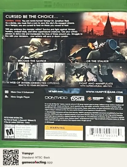 Vampyr Xbox One, NTSC box back