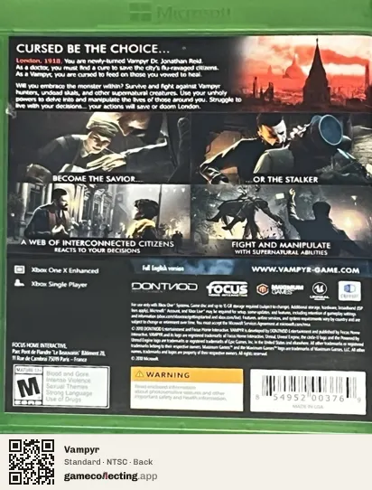 Vampyr Xbox One, NTSC box back