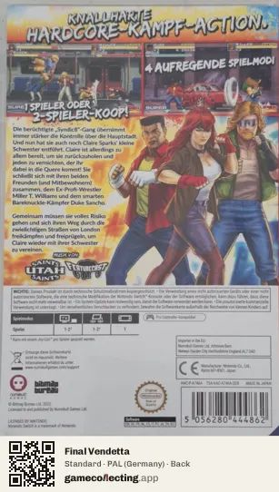 Final Vendetta Nintendo Switch, Germany box back