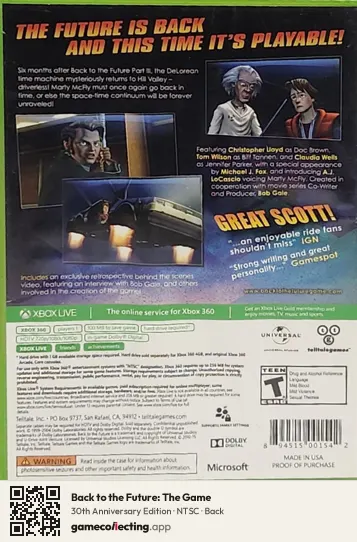 Back to the Future: The Game Xbox 360, NTSC box back