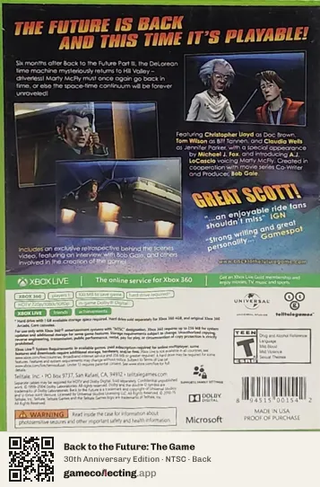 Back to the Future: The Game Xbox 360, NTSC box back