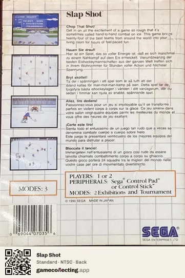 Slap Shot Sega Master System, NTSC box back