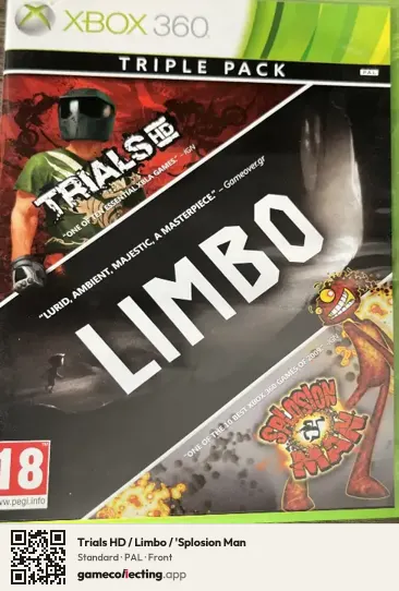 Trials HD / Limbo / 'Splosion Man Xbox 360, PAL box front