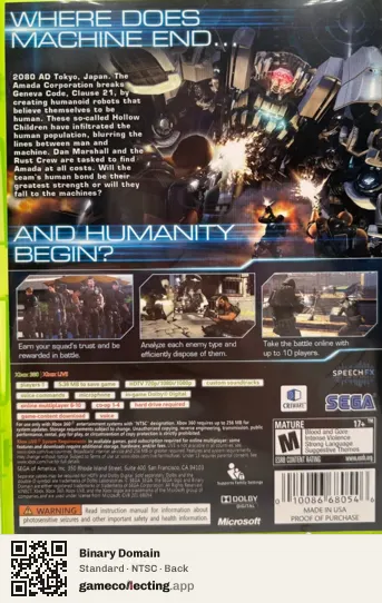 Binary Domain Xbox 360, NTSC box back