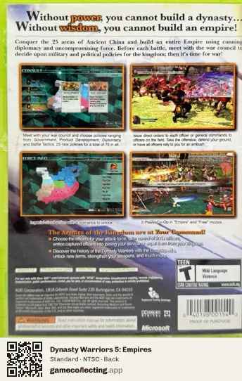 Dynasty Warriors 5: Empires Xbox 360, NTSC box back