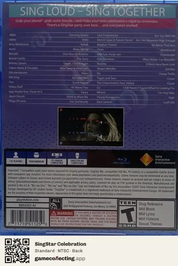 SingStar Celebration PlayStation 4, NTSC box back