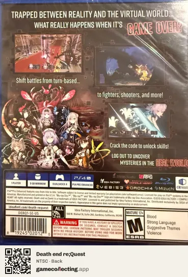 Death end re;Quest PlayStation 4, NTSC box back