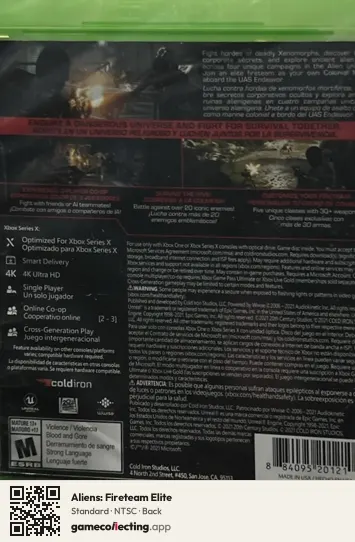 Aliens: Fireteam Elite Xbox Series X, NTSC box back