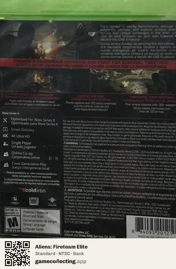 Aliens: Fireteam Elite Xbox Series X, NTSC box back