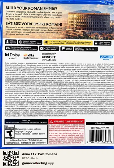 Anno 117: Pax Romana PlayStation 5, NTSC box back