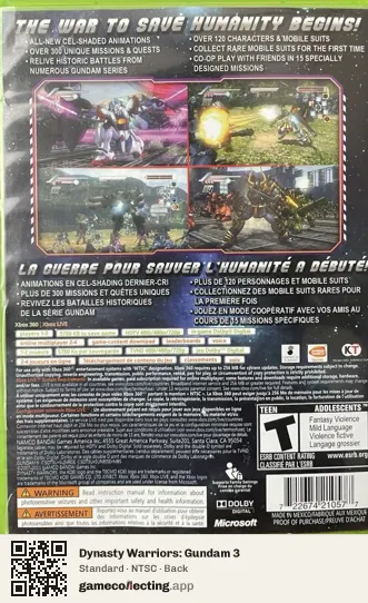 Dynasty Warriors: Gundam 3 Xbox 360, NTSC box back