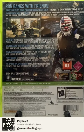 Payday 2 Xbox 360, NTSC box back