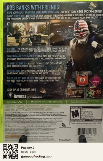 Payday 2 Xbox 360, NTSC box back