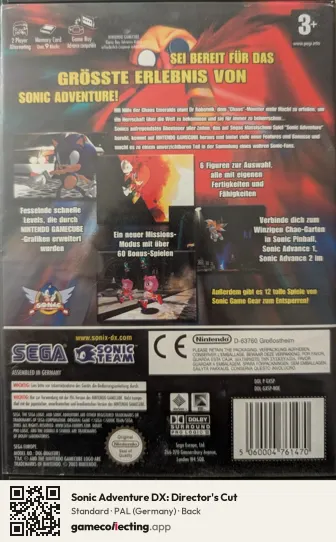 Sonic Adventure DX: Director's Cut Nintendo GameCube, Germany box back