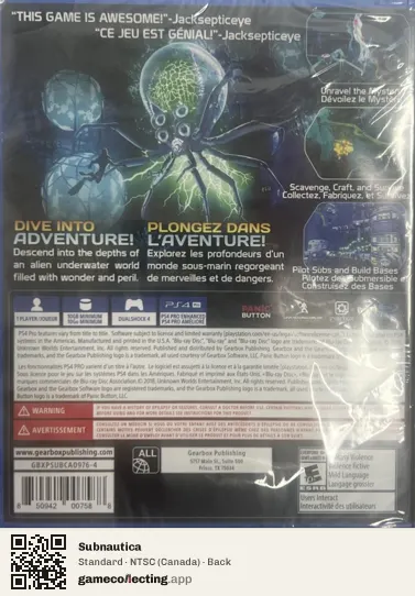 Subnautica PlayStation 4, Canada box back