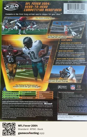 NFL Fever 2004 Xbox, NTSC box back