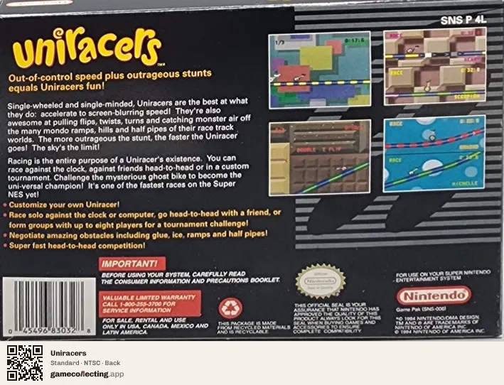 Uniracers Super Nintendo Entertainment System, NTSC box back