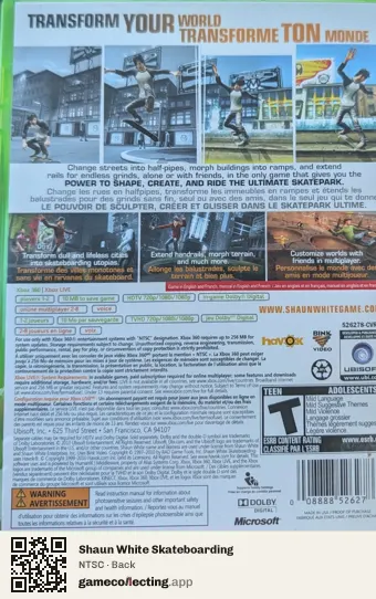 Shaun White Skateboarding Xbox 360, NTSC box back