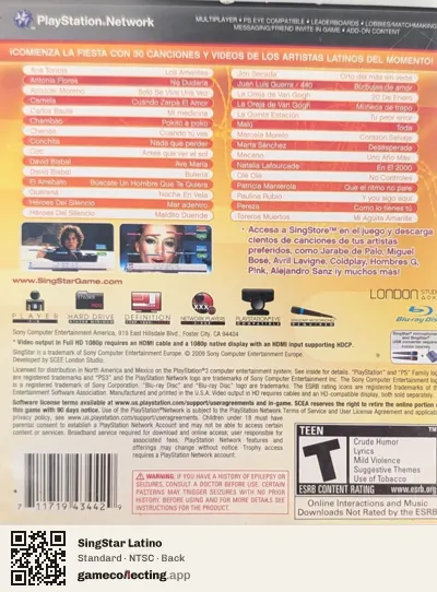 SingStar Latino PlayStation 3, NTSC box back