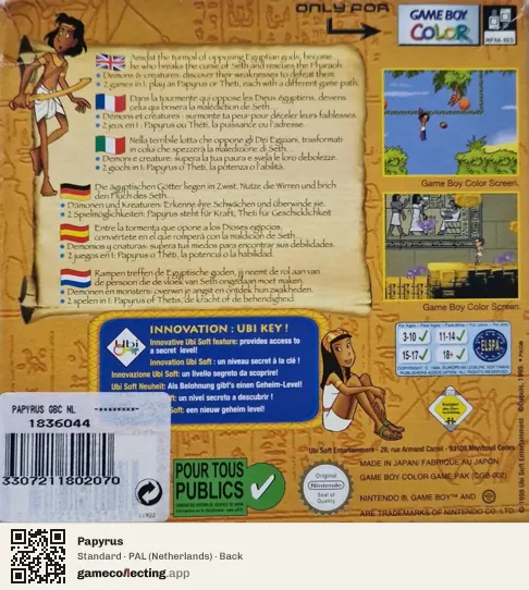 Papyrus Game Boy Color, Netherlands box back