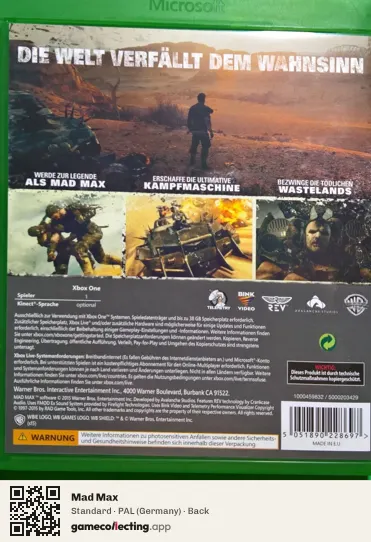 Mad Max Xbox One, Germany box back