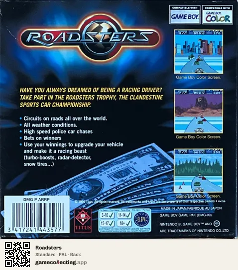 Roadsters Game Boy Color, PAL box back