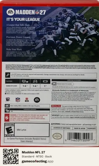 Madden NFL 27 Nintendo Switch 2, NTSC box back