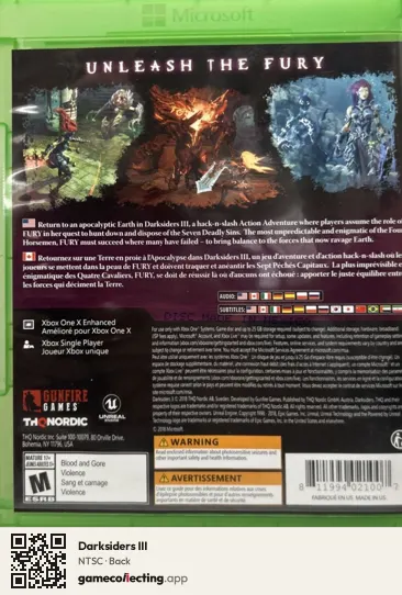 Darksiders III Xbox One, NTSC box back