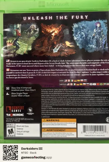 Darksiders III Xbox One, NTSC box back