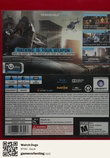 Watch Dogs PlayStation 3, NTSC box back