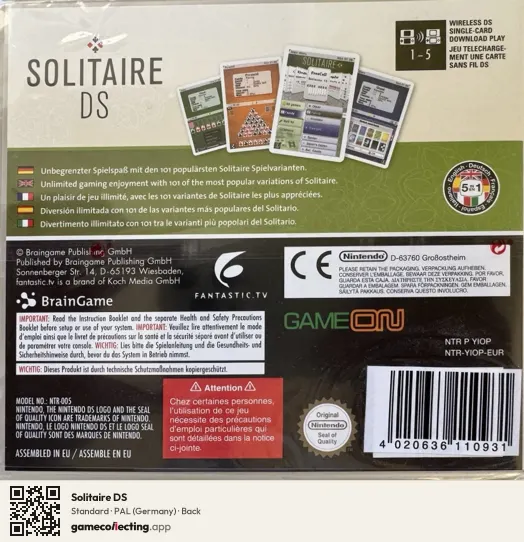 Solitaire DS Nintendo DS, Germany box back