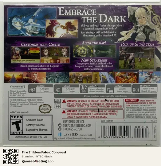 Fire Emblem Fates: Conquest Nintendo 3DS, NTSC box back