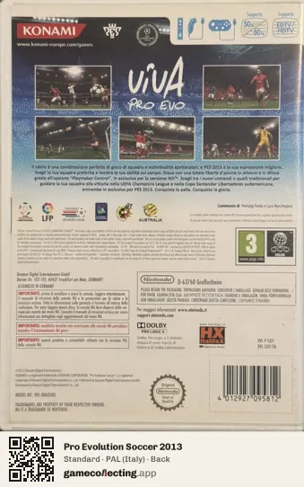 Pro Evolution Soccer 2013 Nintendo Wii, Italy box back