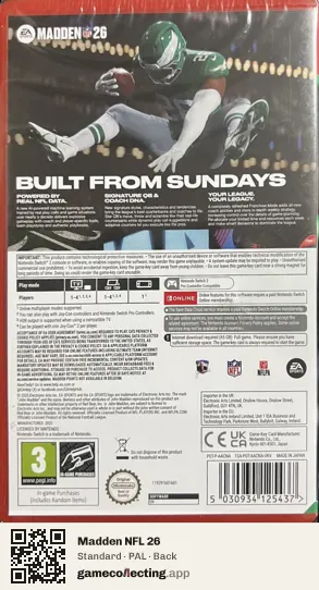 Madden NFL 26 Nintendo Switch 2, PAL box back