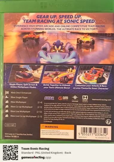 Team Sonic Racing Xbox One, United Kingdom box back