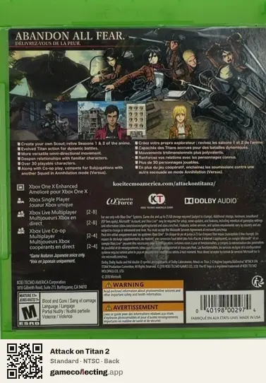 Attack on Titan 2 Xbox One, NTSC box back
