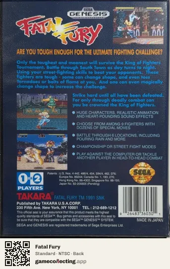 Fatal Fury Sega Mega Drive / Genesis, NTSC box back