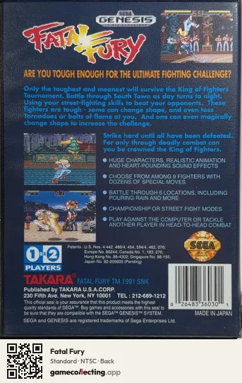 Fatal Fury Sega Mega Drive / Genesis, NTSC box back