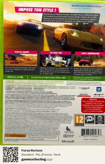Forza Horizon Xbox 360, France box back