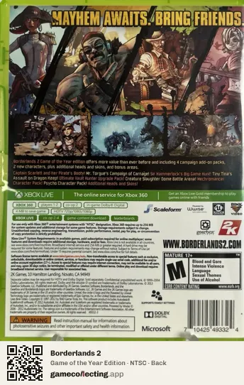 Borderlands 2 Xbox 360, NTSC box back