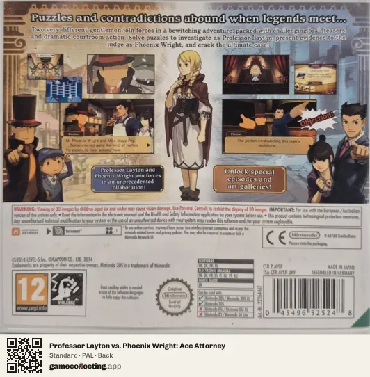 Professor Layton vs. Phoenix Wright: Ace Attorney Nintendo 3DS, PAL box back