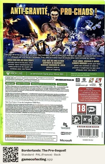 Borderlands: The Pre-Sequel! Xbox 360, France box back